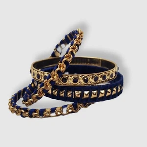 10" Beautiful Round Blue and Gold Tone Bangle Fashion Bracelets set of 4 - Picture 1 of 14