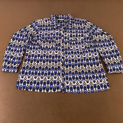 Top Studio Works para mujer talla XL negro blanco azul estampado manga larga botón delantero Foto 1 de 4