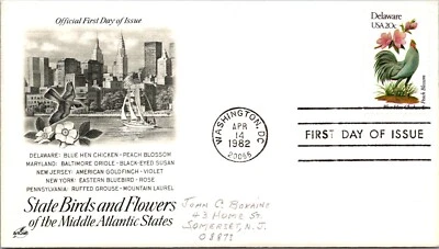 FDC 1982 SC #2002b Artcraft, Blue Hen Chicken & Peach Blossom - DC - J5357 - Image 1 of 2