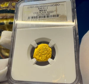 MEXICO 1 ESCUDO 1707-13 NGC 61 “1715 FLEET SHIPWRECK" TREASURE PIRATE GOLD COINS - Picture 1 of 9