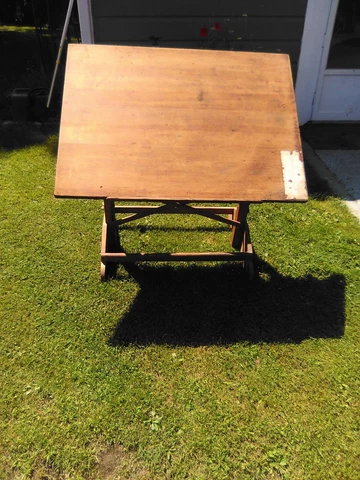 mid-century vintage Industrial DRAFTING TABLE - Oak, cast iron Cover