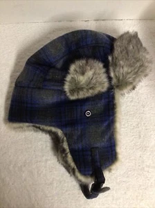 Blue Plaid Trapper Bomber Fur Hat Hunting Ski Winter Outdoors Fur Ear Flap Sz L - Picture 1 of 6