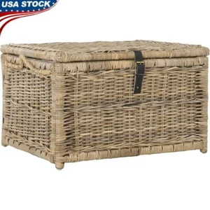 Wicker Storage Trunk Collapsible Rattan Bench Living Room Bedroom Office Natural - Picture 1 of 17