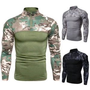 Mens Long Sleeve Army Tactical T-Shirt Combat Military Camo Casual Zip Shirts - Picture 1 of 15