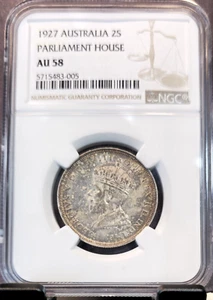 1927 AUSTRALIA SILVER 2 SHILLINGS PARLIAMENT HOUSE NGC AU 58 BEAUTIFUL COIN - Picture 1 of 3