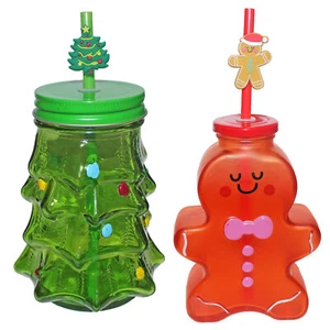 Christmas Glass Cup with Straw Novelty Shape Design - Picture 1 of 7