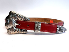 Vintage Justin Youth Red Leather Western Belt Silver Tone Buckle & Hearts SZ 26