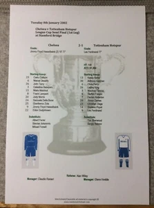 2001-02 Chelsea v Tottenham Hotspur League Cup Semi Final 1 Matchsheet - Picture 1 of 1