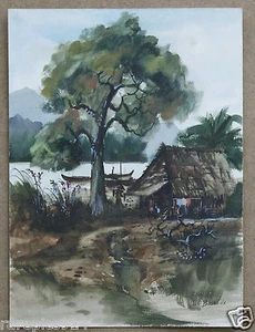 Artista vietnamita Boonlue paisaje acuarela vintage pintura firmada a mano años 60 - Imagen 1 de 1
