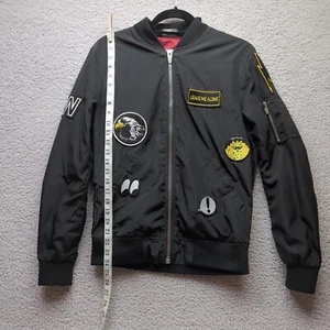 Zara Bomber Jacket Mens Small Black Patches Metal Zip Flight Coat Lightweight S - Picture 1 of 11