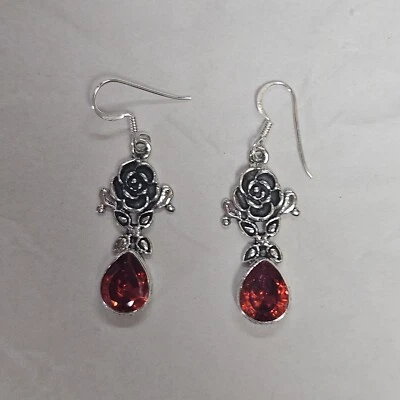 Rose Dangle Earrings Orange Silver Sterling Hook Fashion Jewelry - Image 1 of 4