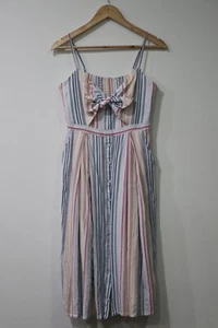 Forever New Blue Striped Midi Dress - Size 10 | Fair Cond. | Button Up Tie Front - Picture 1 of 18