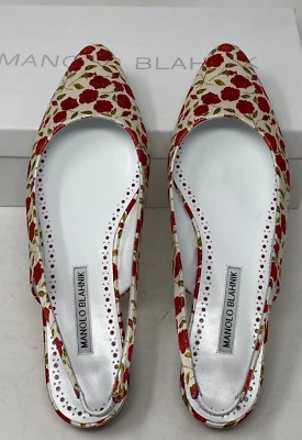 Zapatos de salón planos Manolo Blahnik SAWRA satinados 40,5 EU / 10,5 EE. UU. floral rojo Foto 1 de 4