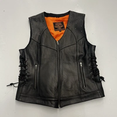 Chaleco Milwaukee Cuero Platino Negro Motocicleta Cremallera Motociclista Tachonado Para Mujer Talla 3XL Foto 1 de 4