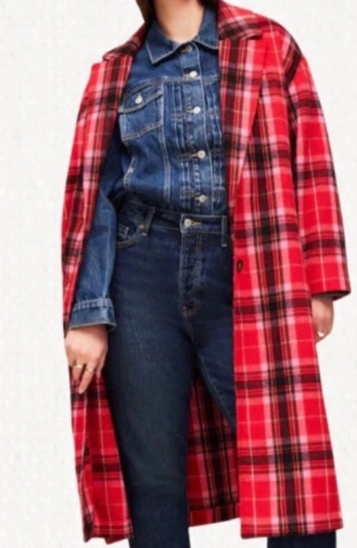 Old Navy Women’s Long Coat Red Tartan Plaid Oversized Soft Brushed Duster~3X - Image 1 of 4
