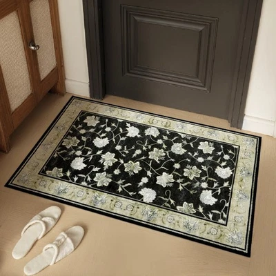 Non-Slip Carpet Floor Area Rug Decorative Accent Mat, Black Cream Floral 20 x 32 - Image 1 of 4