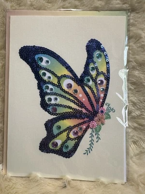 Tarjeta en blanco de papiro para todas las ocasiones lentejuelas joyas mariposa costura lino Foto 1 de 3