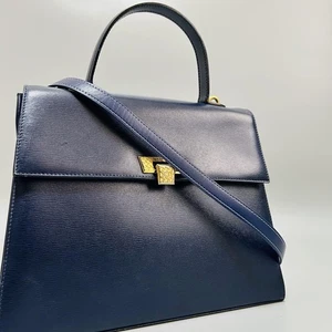 Christian Dior Hand Shoulder Bag Tote Purse 2way CD Leather Navy Authentic - Picture 1 of 24