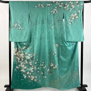 Mujer Kimono Japonés Furisde Seda Nishaku-sode Flor de Cerezo Verde 161 cm - Imagen 1 de 5