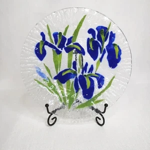 Handgefertigte Sydenstricker Schmelzglasplatte mit leuchtend blauer Iris Blumenmuster - Bild 1 von 8