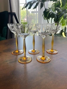 Vintage long stemmed hock wine glasses amber glass stem Set of 5 - Picture 1 of 5