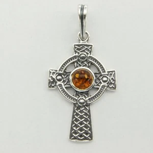Cognac / Brown BALTIC AMBER Celtic Cross Pendant - 925 STERLING SILVER #6872 - Picture 1 of 3