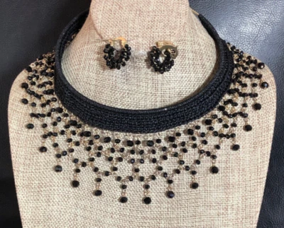 Black Crystal Bead Choker Necklace +Earrings Vintage Victorian Gothic Style 7535 - Image 1 of 4