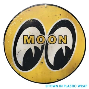 14" Wide Mooneyes Round MOON Yellow Logo Metal Sign Distressed Version MG723SD - Picture 1 of 2