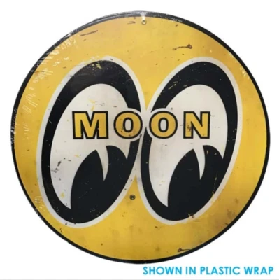 14" Wide Mooneyes Round MOON Yellow Logo Metal Sign Distressed Version MG723SD - Image 1 of 2