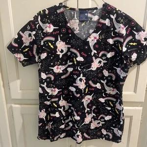 NEW Zoe + Chloe Narwhal Rainbow Lightning Womens cotton scrub top size Small S - Picture 1 of 3