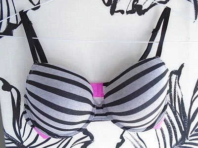NICOLE MILLER BLACK/GRAY STRIPED W/BRIGHT PINK BACK BRA 36D UNDERWIRE - Image 1 of 3