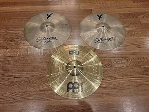 Stagg 14" Hi Hat Cymbals Hand Made Y25H Top/Bottom & Meinl HCS 14" Crash - Picture 1 of 12