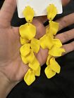 Yellow Earrings  Rose Petal Acrylic Flower Dangle Leaf Chandelier Pageant   5”