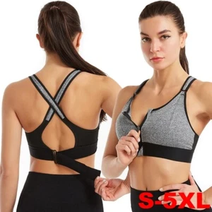 Women Sports Bra Shockproof Compression Padded Support Front Zip Plus Size Gym - Picture 1 of 15