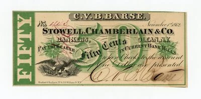 1862 50c C.V.B. Barse - Olean, NEW YORK Scrip at Stowell, Chamberlain & Co. AU+ - Image 1 of 2