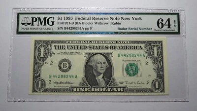 $1 1995 Radar Serial Number Federal Reserve Currency Bank Note Bill PMG UNC64EPQ - Image 1 of 3