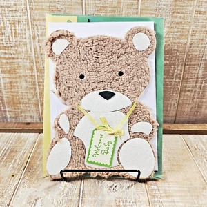 Paper Magic Baby Greeting Card Fuzzy Bear Green Brown Welcome - Picture 1 of 9