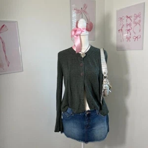 2000s Y2k Preppy Gray Cable Knit 3 Button Babydoll Cardigan Sweater Womens L - Bild 1 von 6