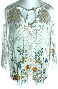 Johnny Was White Multicolor Floral Embroidered Tunic, Boho Pullover, Size XL - Picture 1 of 7