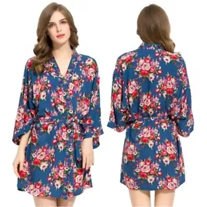 Pijama de kimono japonés satinado floral marino azul marino ropa de dormir bata de baño XXL - Imagen 1 de 2