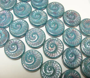 6 - 18mm Blue w/ Bronze Luster Fossil Snail Shell Spiral Czech Glass Coin Beads - Picture 1 of 1