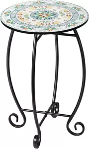 Side Table, 14" Round End Table, Unique Relief Ceramic Tile Tabletop with Metal - Picture 1 of 5