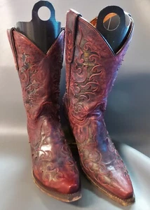 Dan Post 3549 Boots Wms. Sanded Red Floral Inlay US 7.5/ Eur 38 - Picture 1 of 9