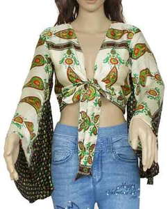 Top corto de sari de seda vintage indio de 5 piezas, tops hippies de manga campana talla única para mujer - Imagen 1 de 12
