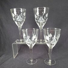 Vintage Etched Wine or Water Goblet Lot of 4 Flowers Heart Leaves Delicate Nice!