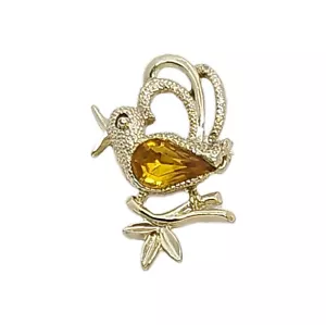 Vintage Chirpping Bird Brooch Gold Tone Pin 2" Yellow Crystal - Picture 1 of 4