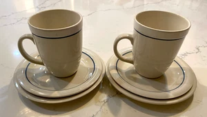 Gibson Everyday Dessert Plate Saucer Mug Ivory Blue Stripe Rim 6 Piece Set for 2 - Picture 1 of 11
