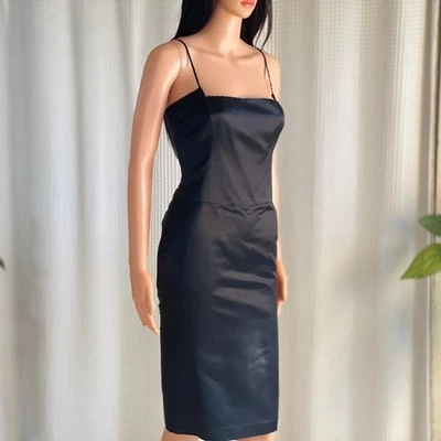 Vintage Y2K TAHARI Black Satin Spaghetti Strap Sheath Dress LBD Dark Femme Sz 10 - Image 1 of 4
