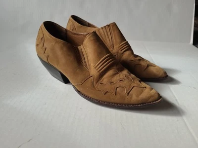 Vintage 9 West Tan Brown Leather Suede Cowboy Boots Booties Sz. 10 Western - Image 1 of 4