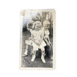 Vtg Children on Tree Stump Monochrome Photography Found Snapshot Portrait - Picture 1 of 4